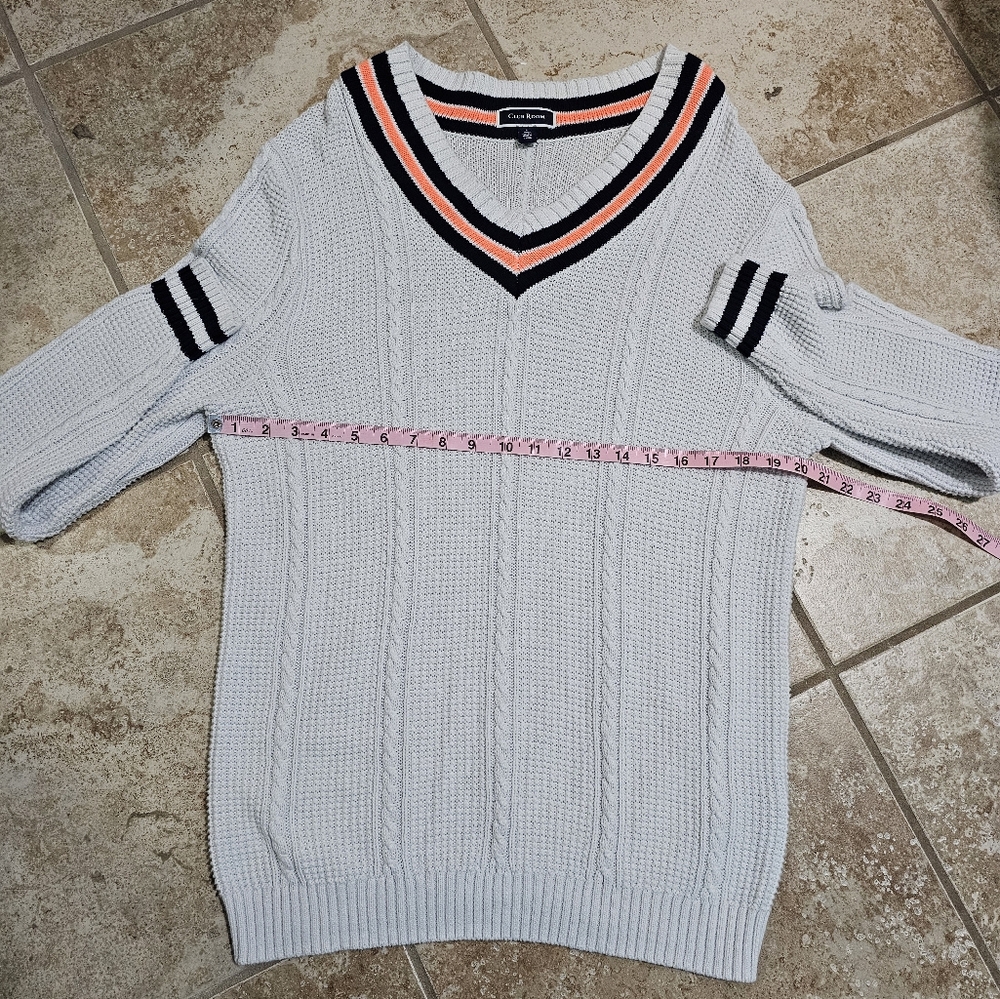 Club Room Mens Large White Cable Knit Cricket Sweater Preppy Varsity V Neck - Picture 4 of 6